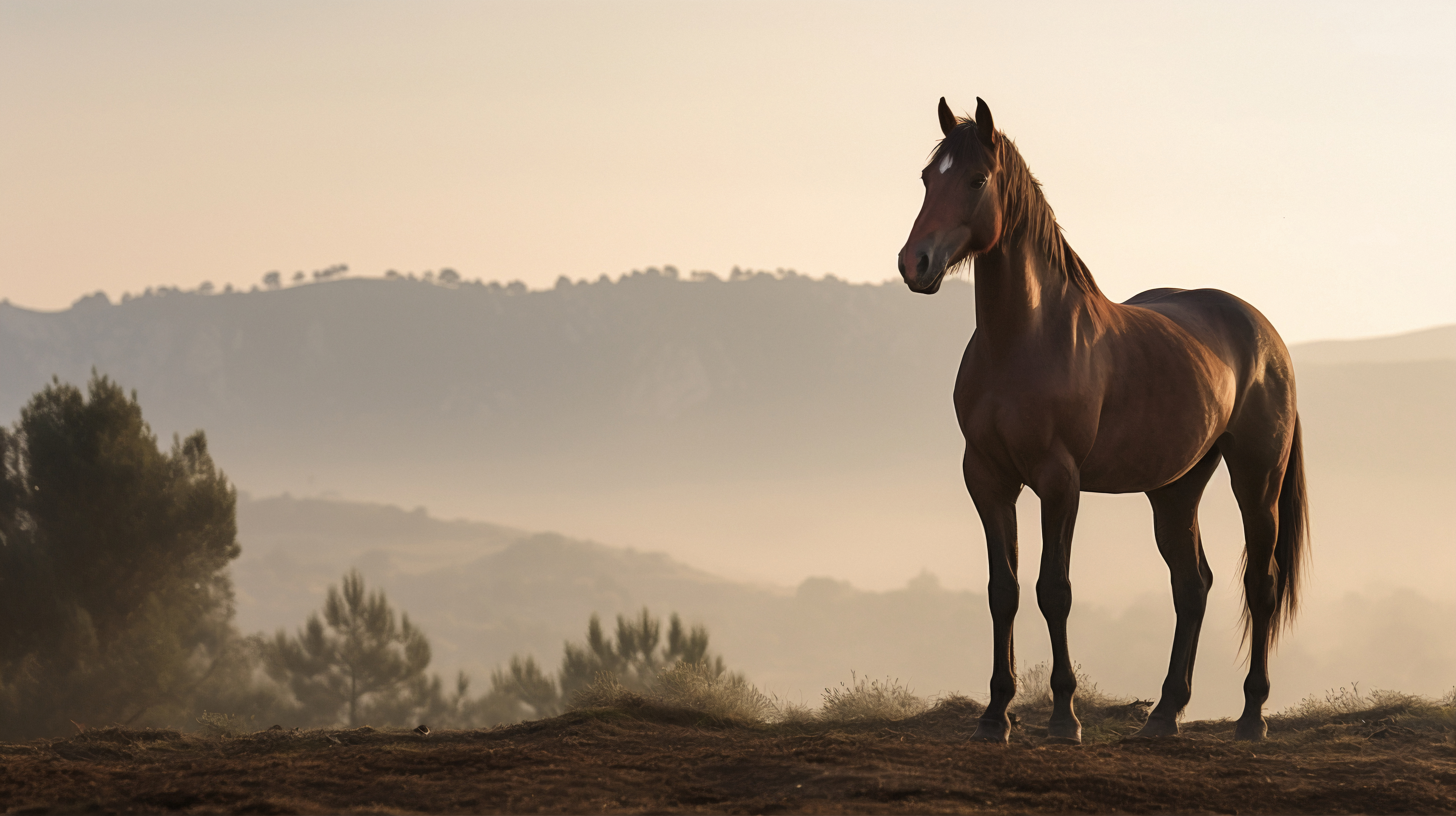 Professional wide-angle photograph of an athletic horse in a sun-drenched green pasture